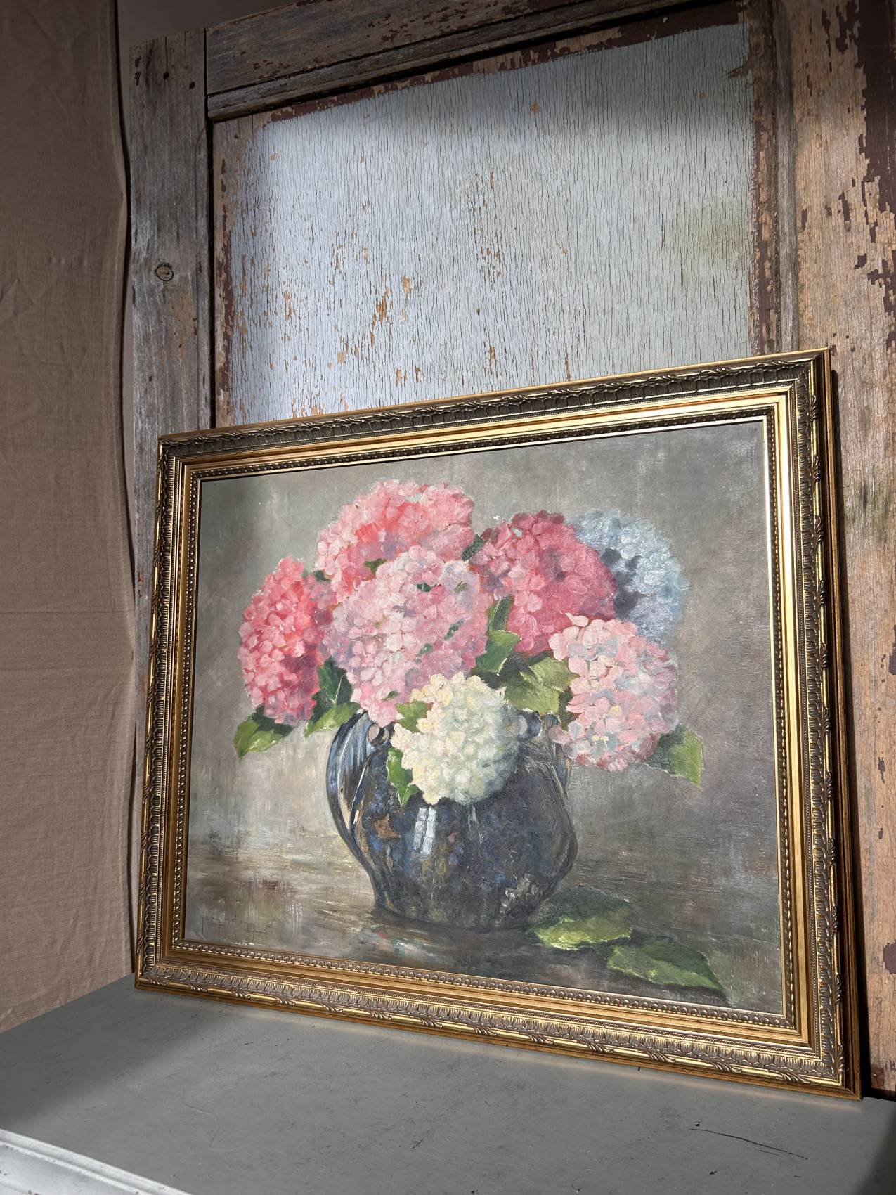 Tableau ancien bouquet d’hortensias – peinture à l’huile sur panneau bois Un souffle de printemps – Image 9