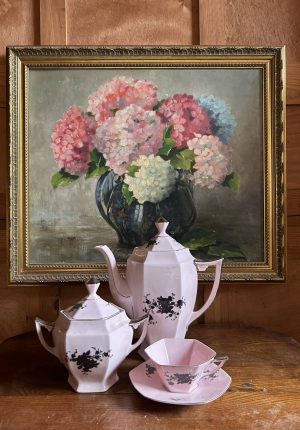 Tableau ancien bouquet d’hortensias – peinture à l’huile sur panneau bois Un souffle de printemps