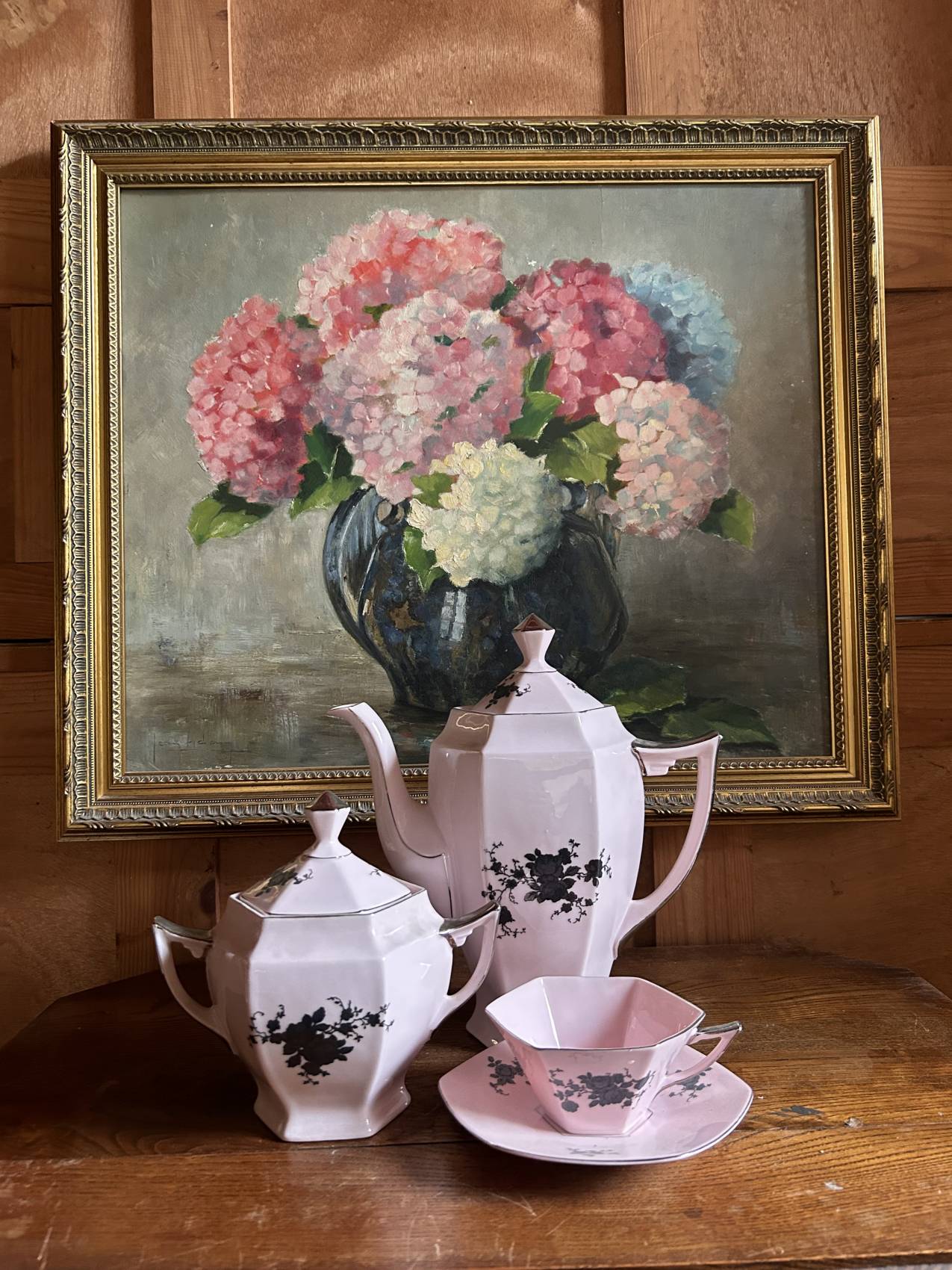 Tableau ancien bouquet d’hortensias – peinture à l’huile sur panneau bois Un souffle de printemps – Image 2