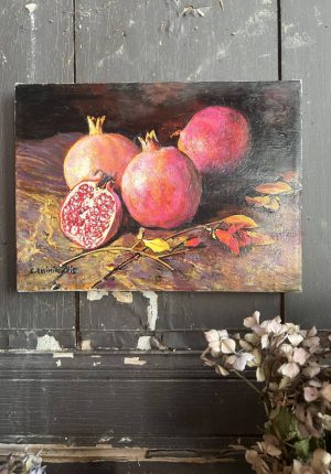 Tableau nature morte aux grenades – peinture à l’huile sur toile signée - Atypique et solaire