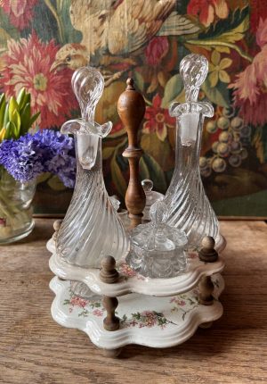 Serviteur à condiments ancien époque 1900 en faïence à motif de fleurs - Les salins  - Une élégante rareté