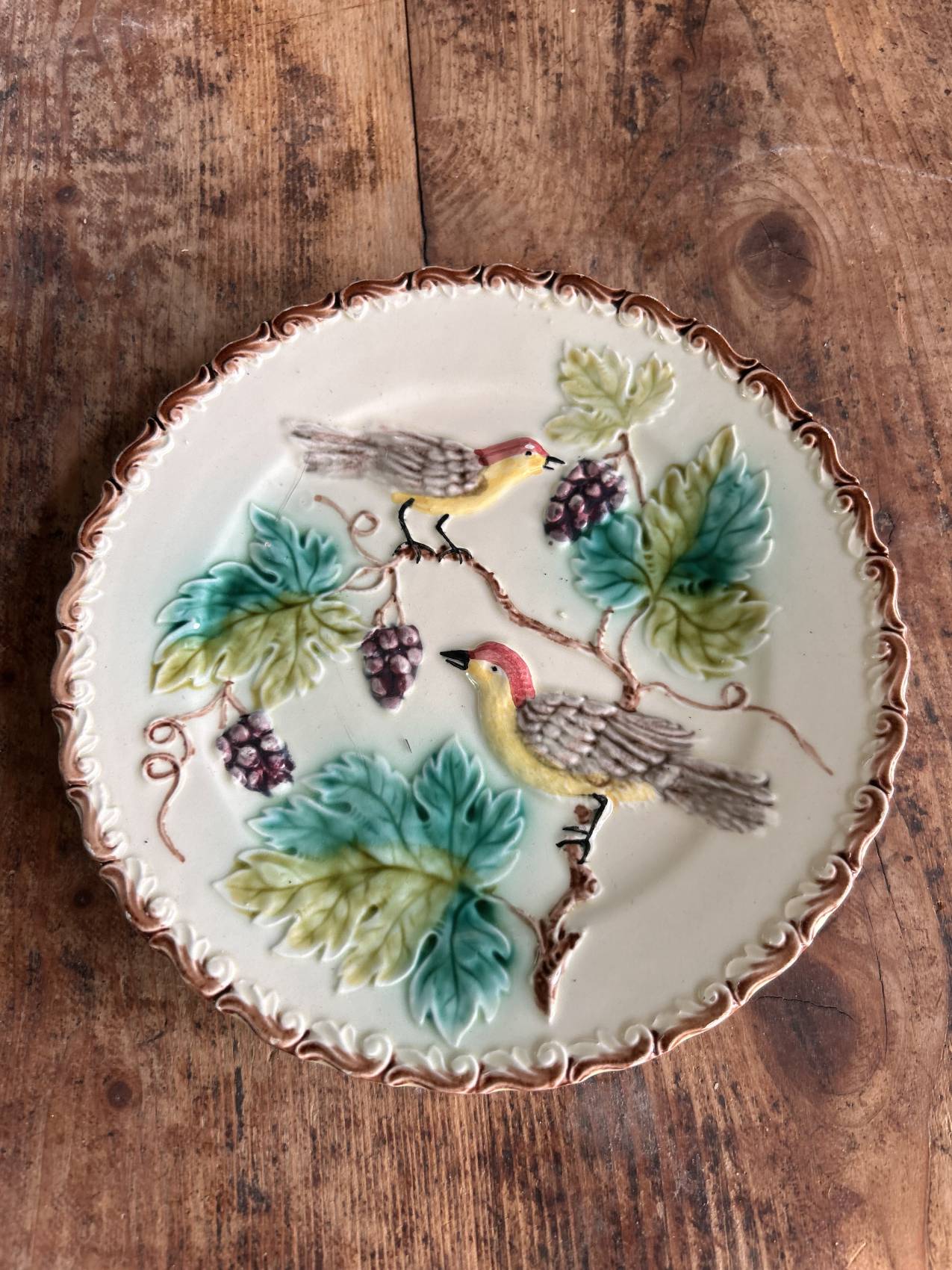 Série de 5 Assiettes anciennes en barbotine décor oiseaux et vigne – Faïence de Onnaing - Une rareté
