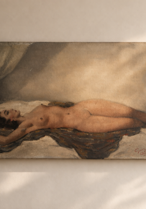 Tableau ancien nu féminin allongé peinture à l’huile- un classique plein de sensualité TROP TARD ADOPTE