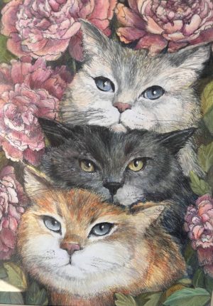 Tableau aquarelle technique mixte “Trois chats aux pivoines”  Adopté