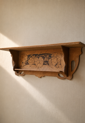 Grande étagère de cuisine Art Nouveau en hêtre pyrogravé – à motifs de feuilles 90 x 30 cmTrop tard adoptée