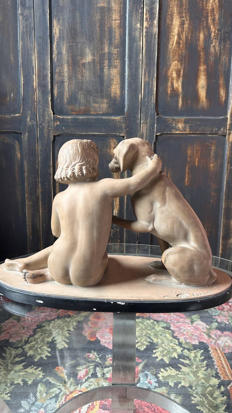 Sculpture Art déco la petite fille au chien en plâtre patine signé Mélani – Image 13