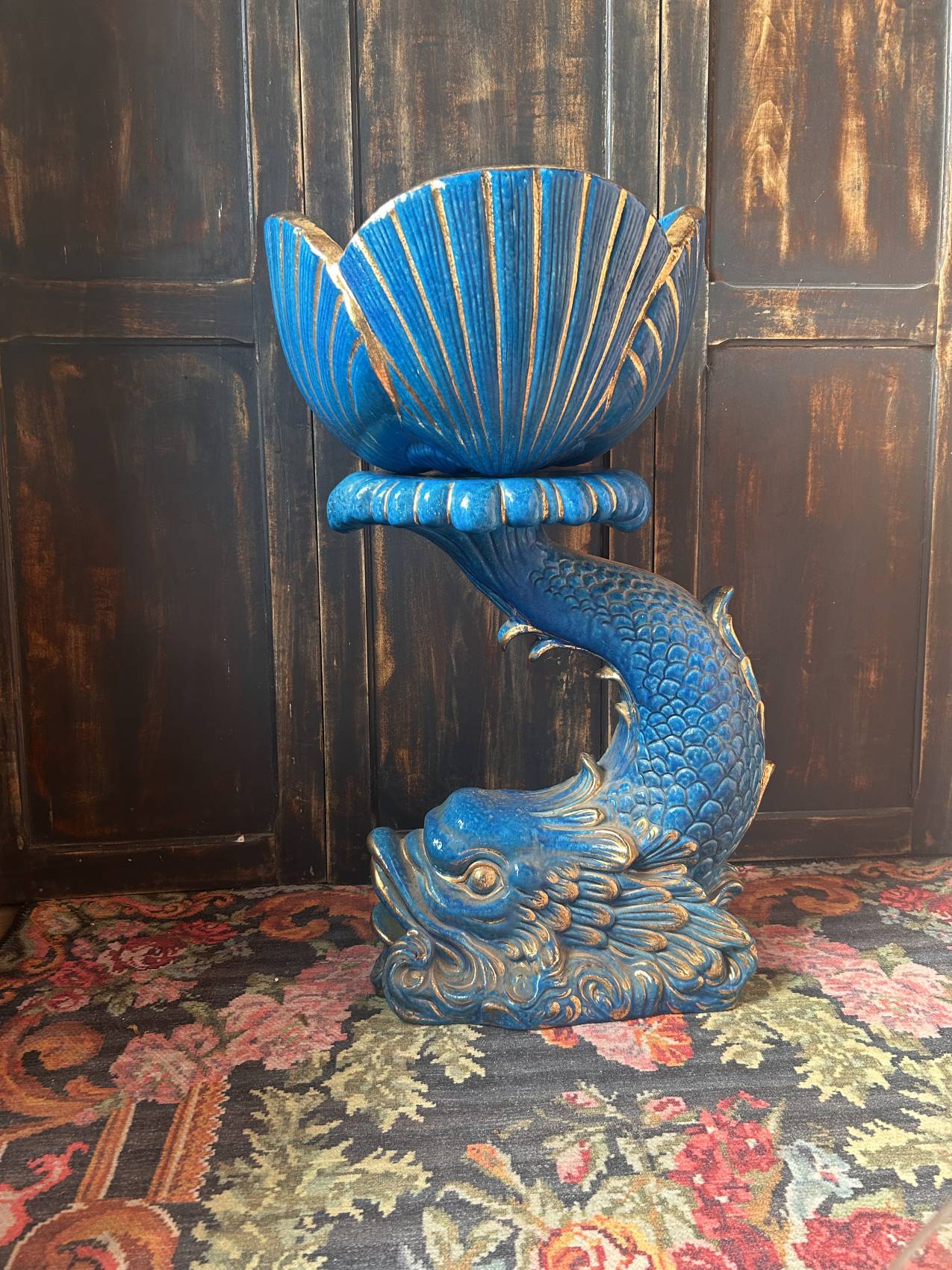 Grande colonne poisson en faïence italienne turquoise avec cache-pot coquillage – esprit Riviera italienne TROP TARD ADOPTEE – Image 14