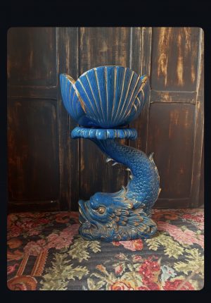 Grande colonne poisson en faïence italienne turquoise avec cache-pot coquillage – esprit Riviera italienne TROP TARD ADOPTEE