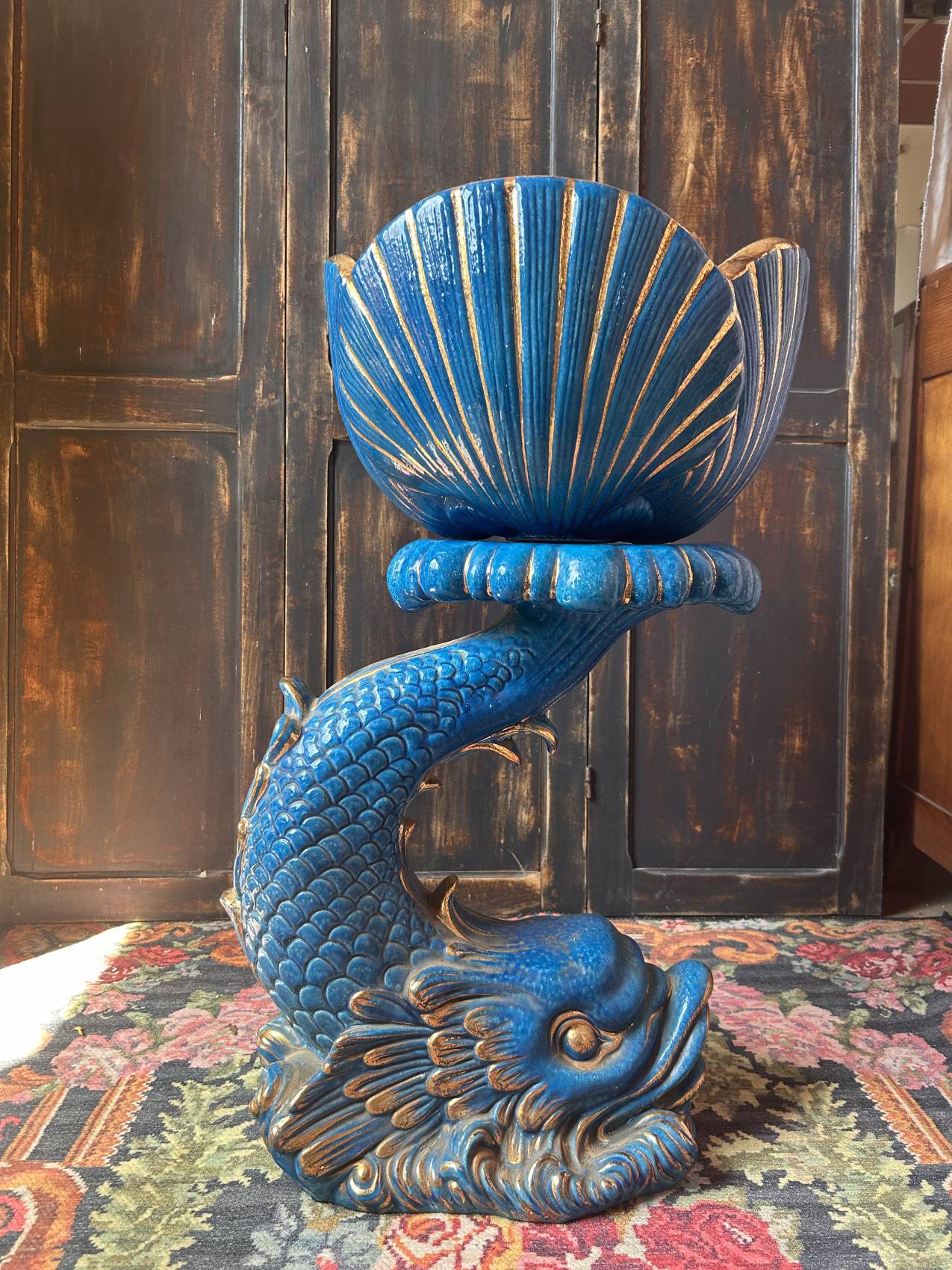 Grande colonne poisson en faïence italienne turquoise avec cache-pot coquillage – esprit Riviera italienne TROP TARD ADOPTEE – Image 10