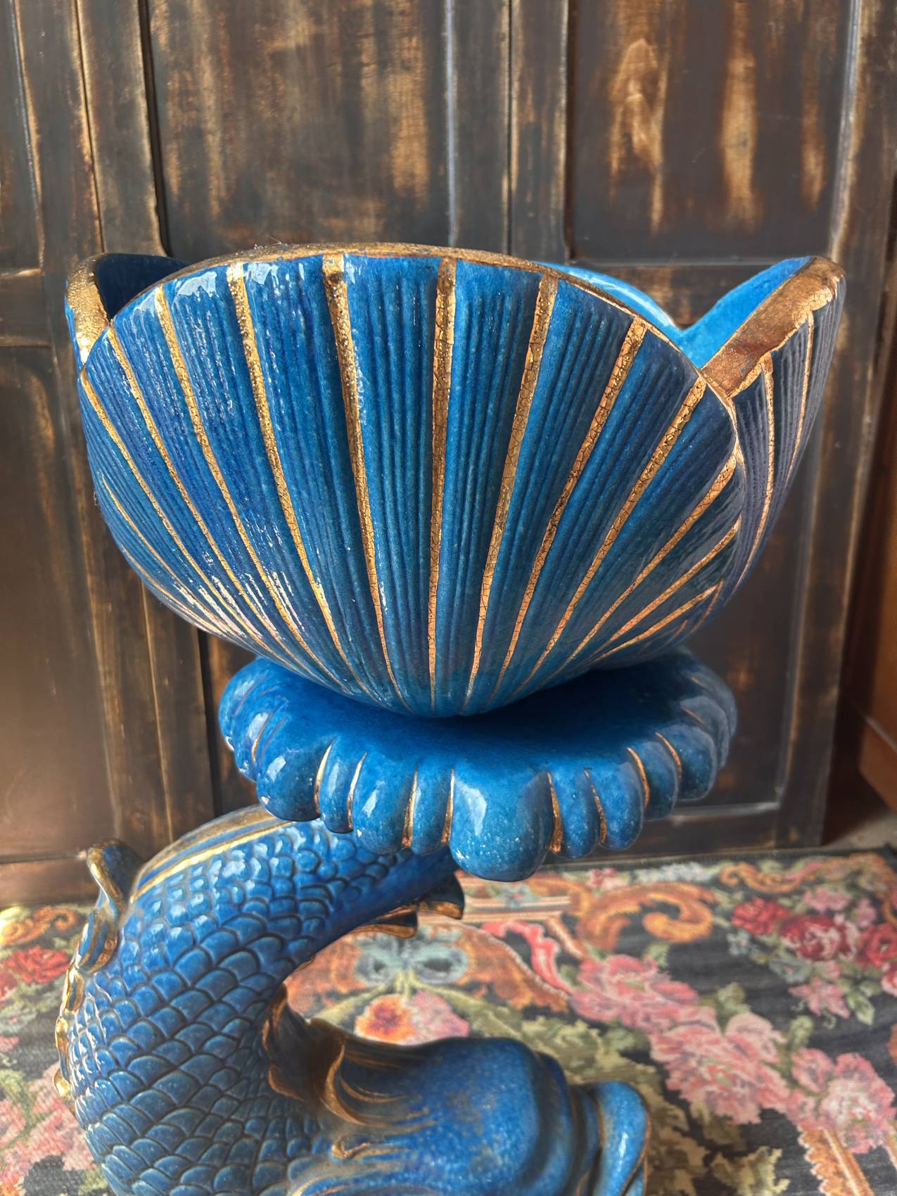 Grande colonne poisson en faïence italienne turquoise avec cache-pot coquillage – esprit Riviera italienne TROP TARD ADOPTEE – Image 2