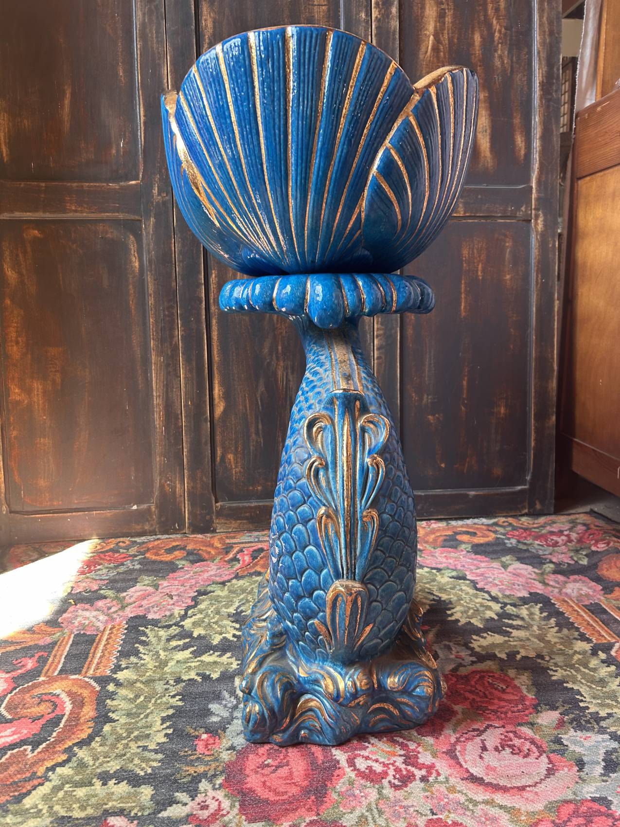 Grande colonne poisson en faïence italienne turquoise avec cache-pot coquillage – esprit Riviera italienne TROP TARD ADOPTEE – Image 4