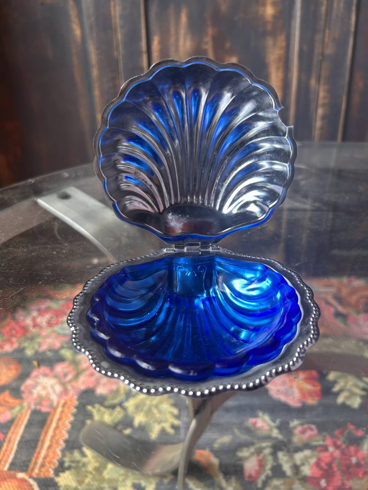 Beurrier coquillage vintage années 70 en inox et verre bleu – Image 8