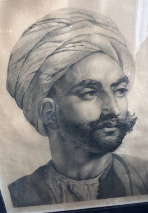 Portrait ancien orientaliste à la mine de plomb XIXe siècle encadré – 51 x 56 cm