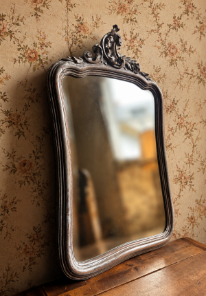 Grand miroir ancien Louis XV en bois sculpté et glace biseautée – Vers 1900 Patine à l'ancienne