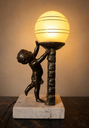 Lampe ancienne style Louis XVI au petit ange  Vers 1900 l'éloge de la tendresse