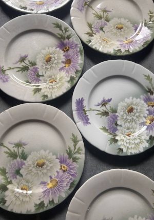 Six assiettes plates anciennes Keller & Guérin Lunéville décor floral Art Nouveau