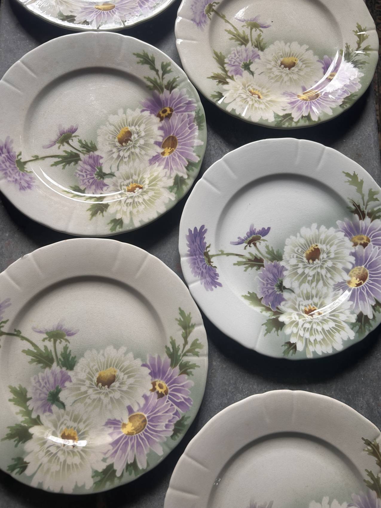 Six assiettes plates anciennes Keller & Guérin Lunéville décor floral Art Nouveau