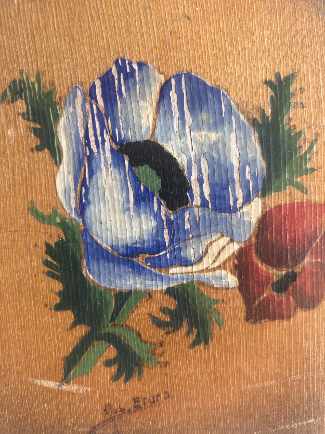 Porte-lettres ancien en bois peint – Vers 1900 à motif d’anémone – Image 7