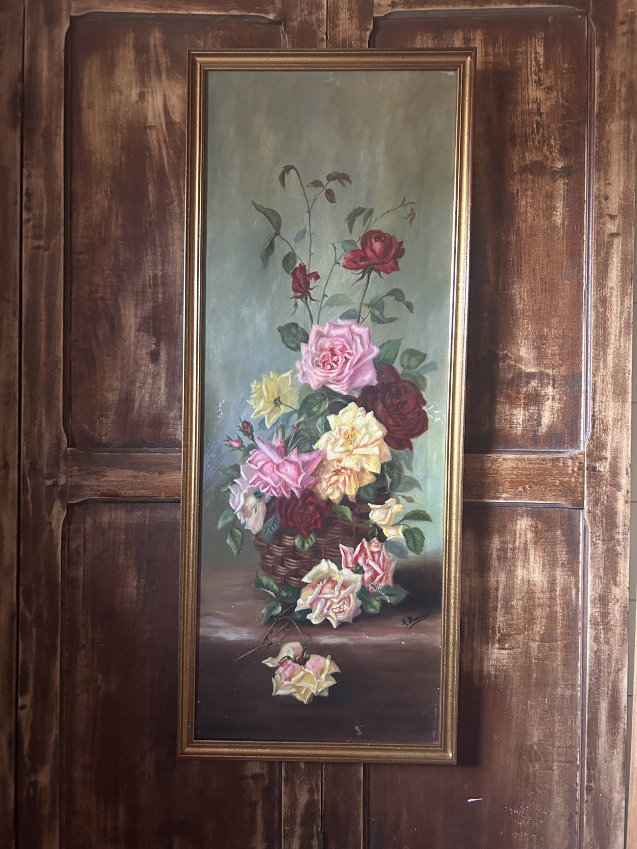 Grand tableau ancien aux roses – Huile sur toile époque 1900 – 40 x 102 cm - un grand format decoratif – Image 13