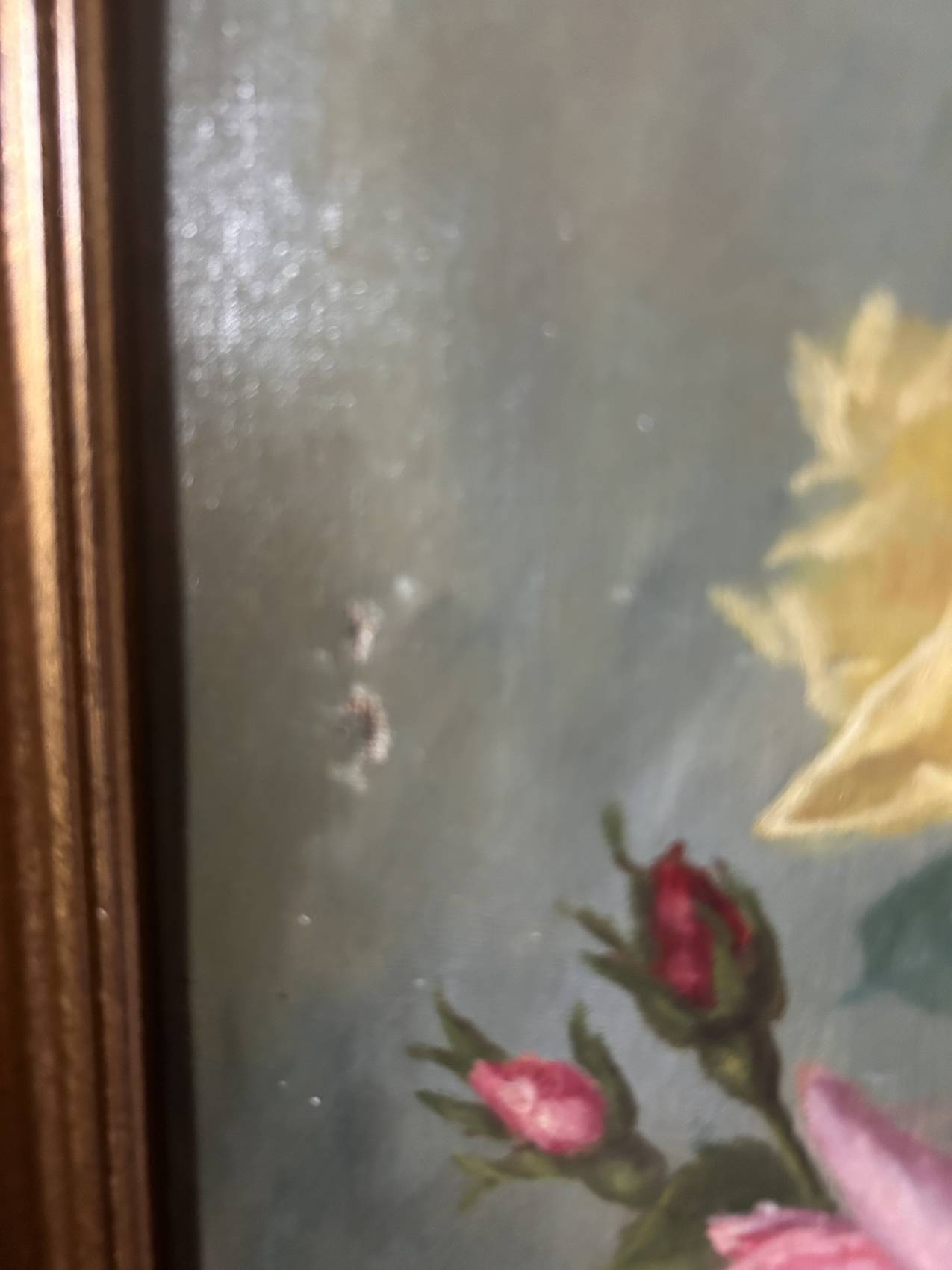 Grand tableau ancien aux roses – Huile sur toile époque 1900 – 40 x 102 cm - un grand format decoratif – Image 9