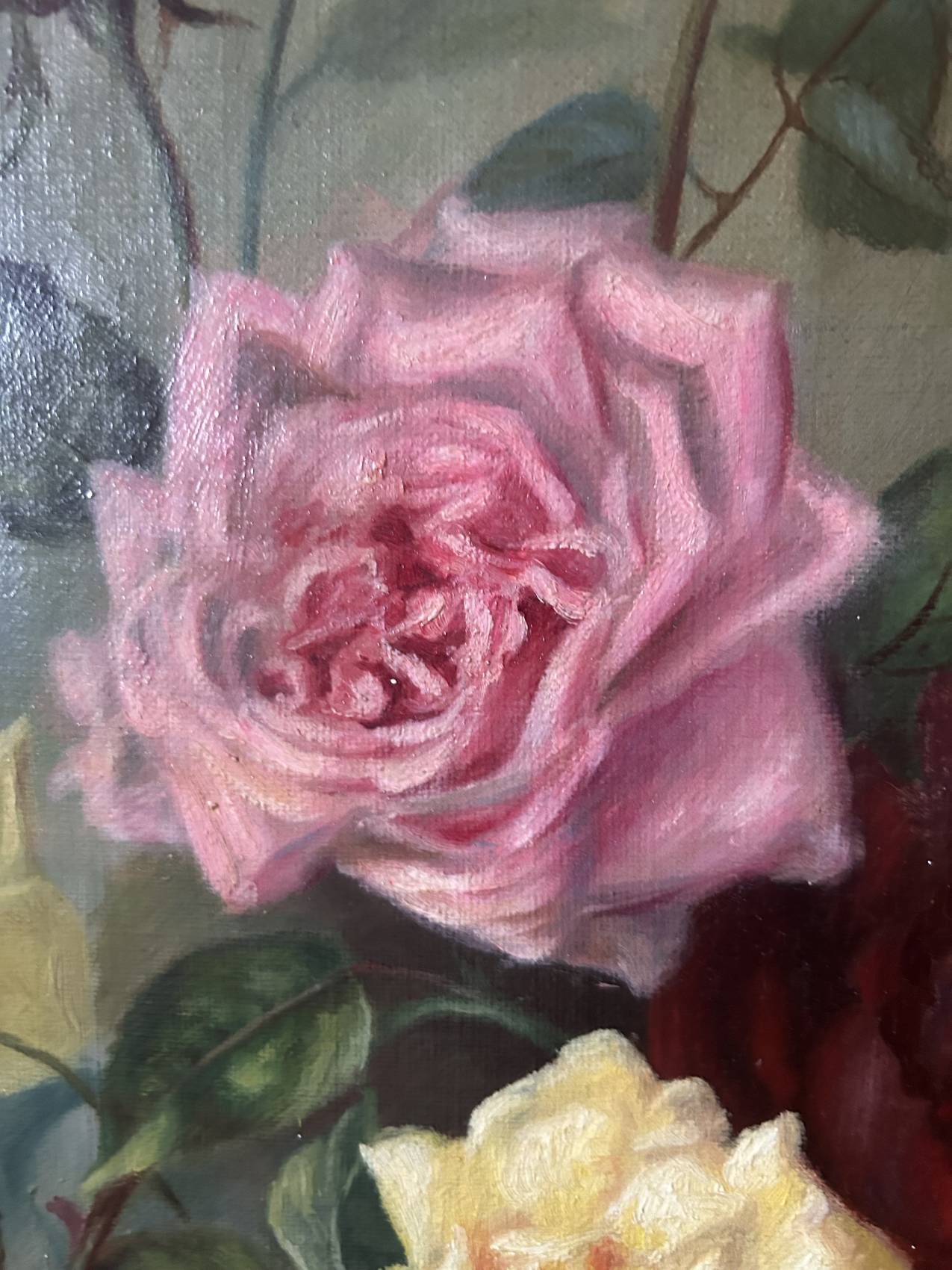 Grand tableau ancien aux roses – Huile sur toile époque 1900 – 40 x 102 cm - un grand format decoratif – Image 10