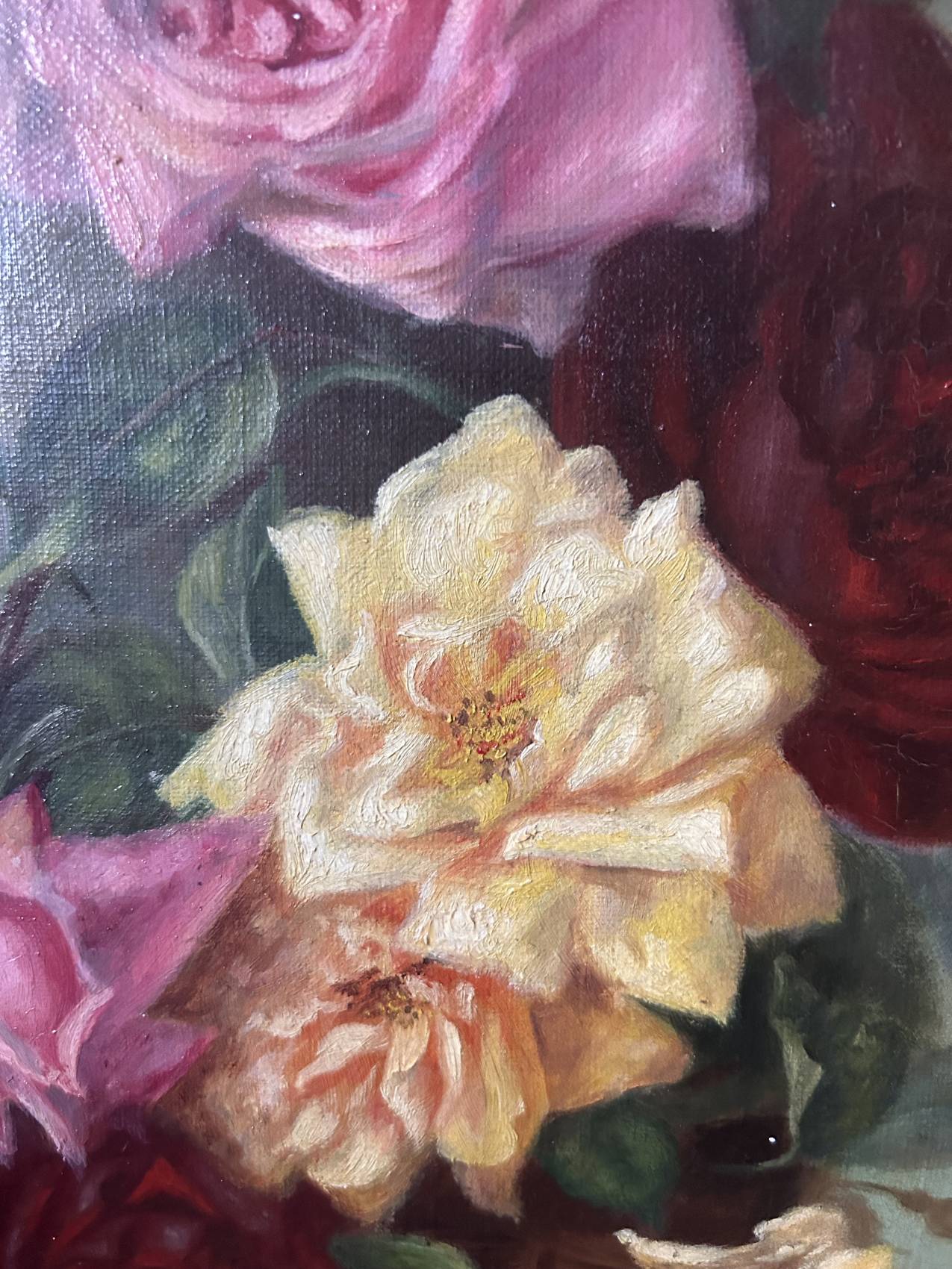 Grand tableau ancien aux roses – Huile sur toile époque 1900 – 40 x 102 cm - un grand format decoratif – Image 11