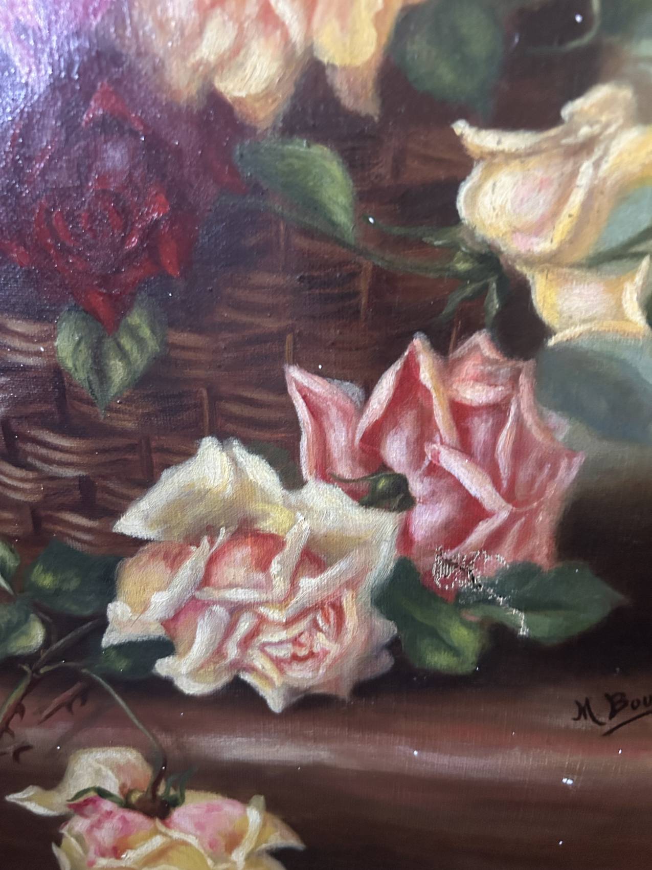 Grand tableau ancien aux roses – Huile sur toile époque 1900 – 40 x 102 cm - un grand format decoratif – Image 8