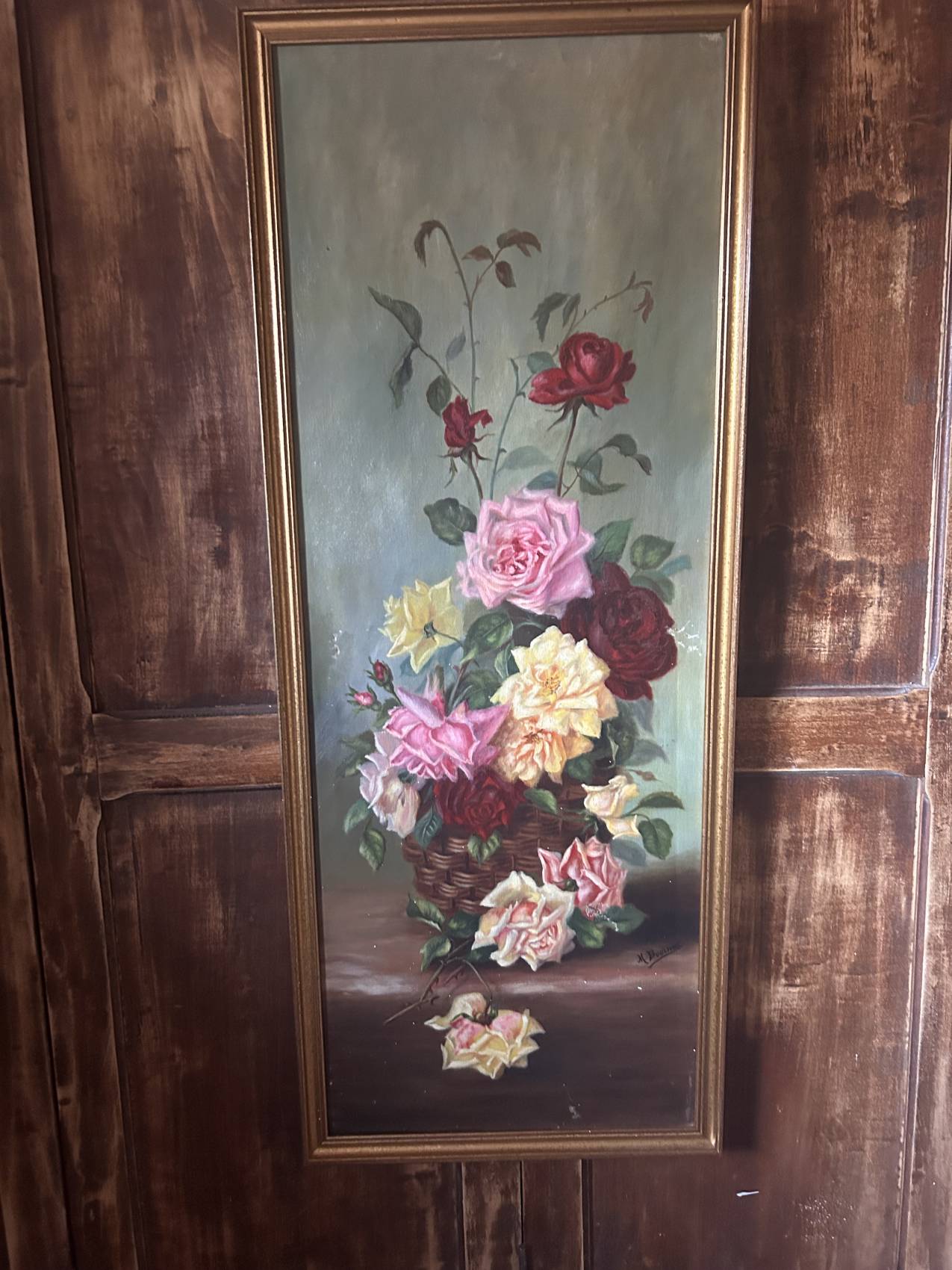 Grand tableau ancien aux roses – Huile sur toile époque 1900 – 40 x 102 cm - un grand format decoratif – Image 7