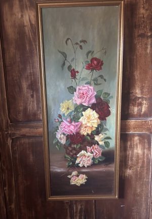 Grand tableau ancien aux roses – Huile sur toile époque 1900 – 40 x 102 cm - un grand format decoratif