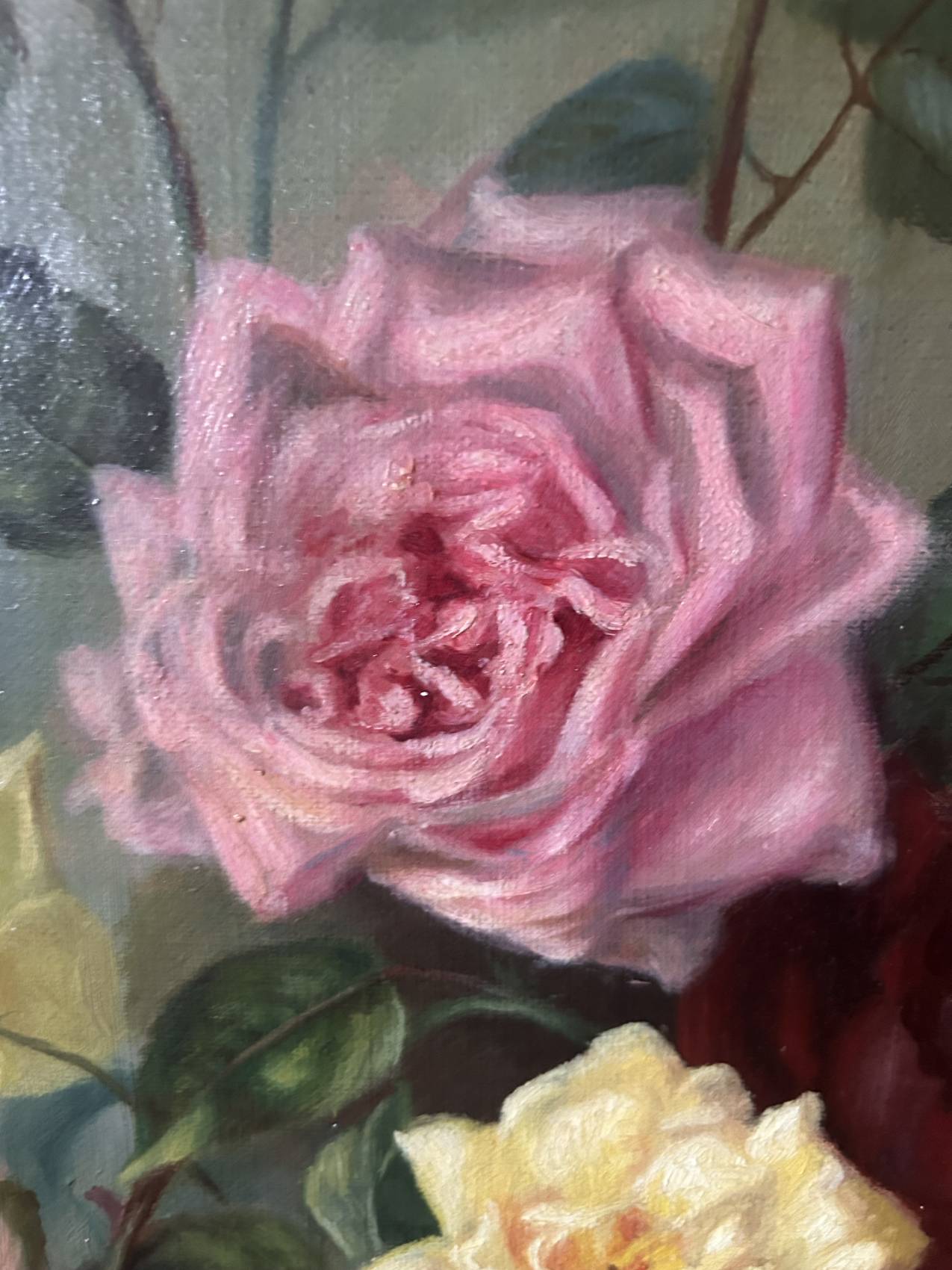 Grand tableau ancien aux roses – Huile sur toile époque 1900 – 40 x 102 cm - un grand format decoratif – Image 5