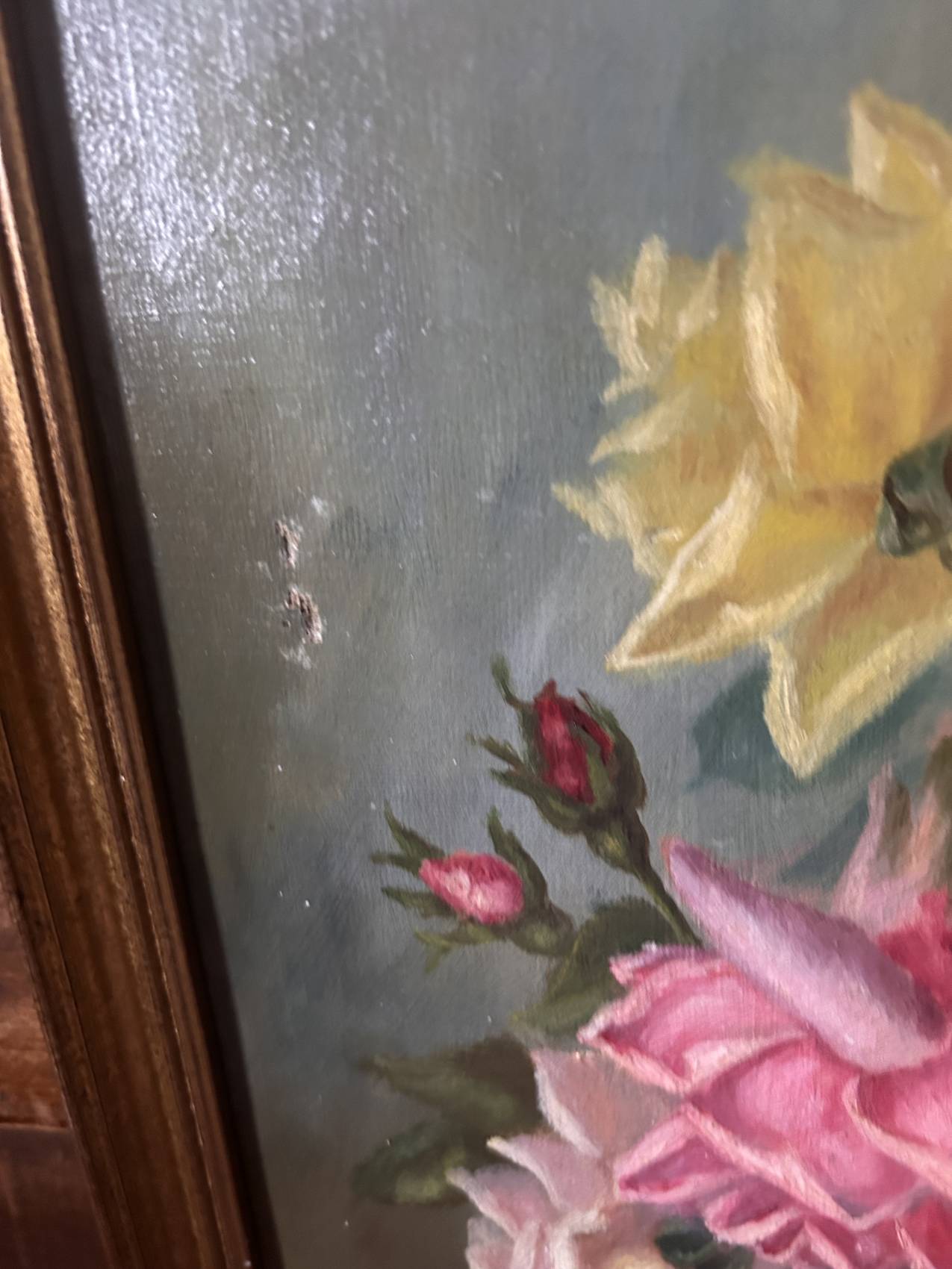 Grand tableau ancien aux roses – Huile sur toile époque 1900 – 40 x 102 cm - un grand format decoratif – Image 6