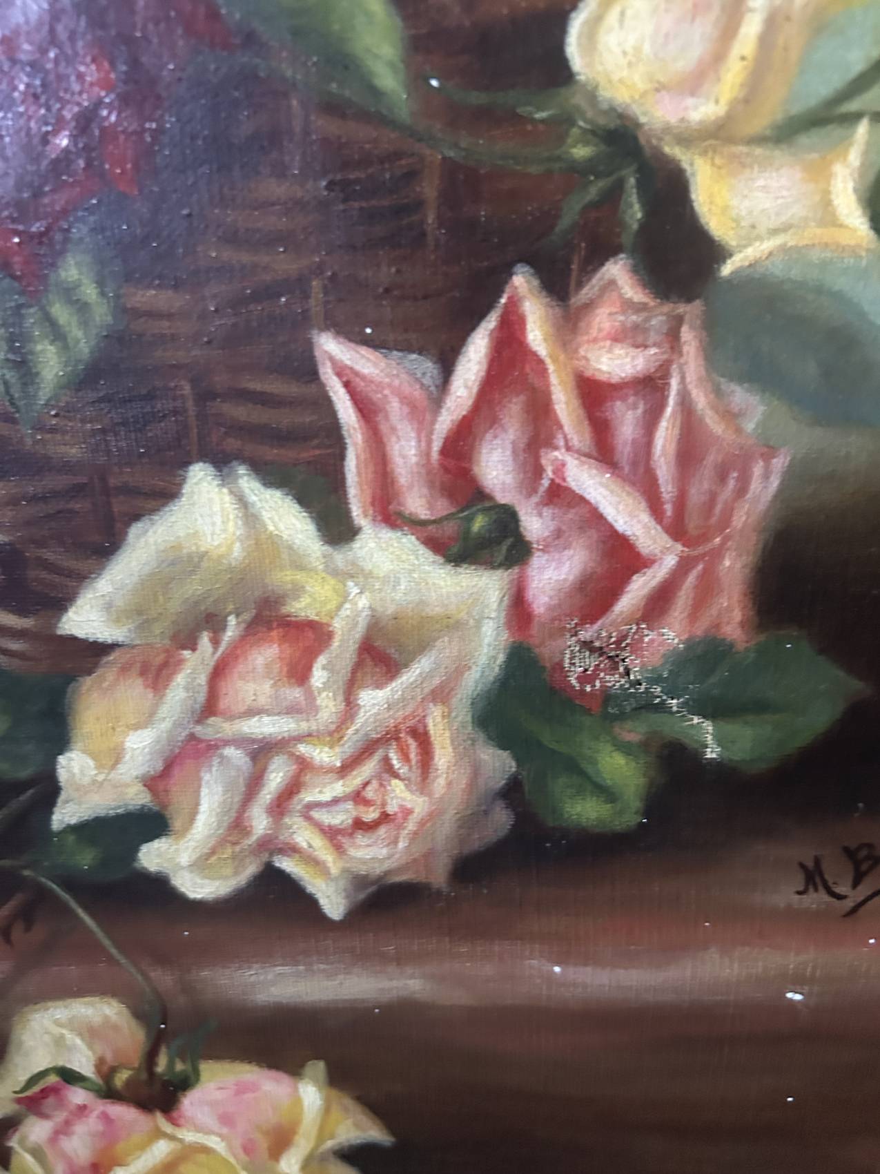 Grand tableau ancien aux roses – Huile sur toile époque 1900 – 40 x 102 cm - un grand format decoratif – Image 4