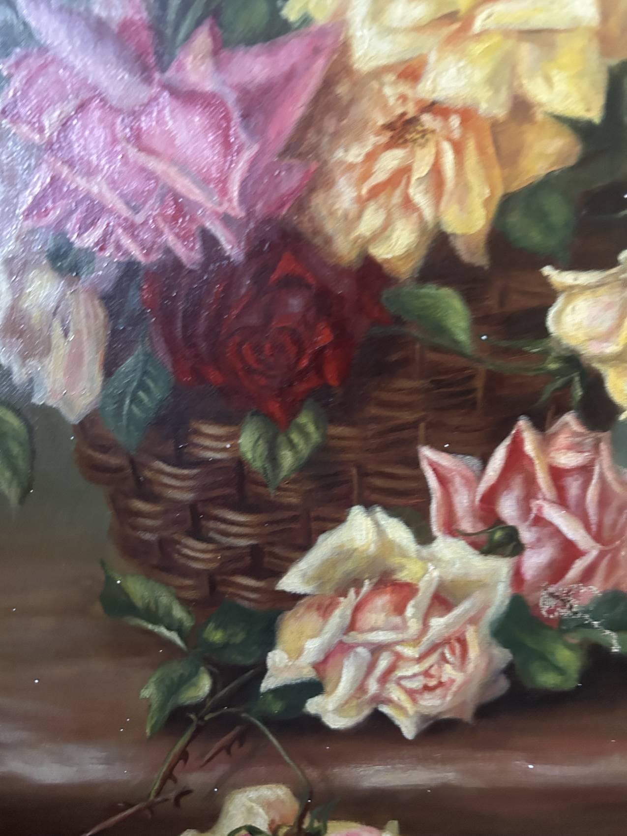 Grand tableau ancien aux roses – Huile sur toile époque 1900 – 40 x 102 cm - un grand format decoratif – Image 3