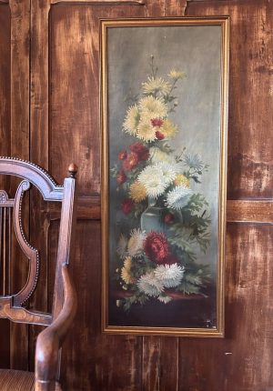 Grand tableau ancien – Huile sur toile signée aux chrysanthèmes – Époque 1900 - La douceur décorative