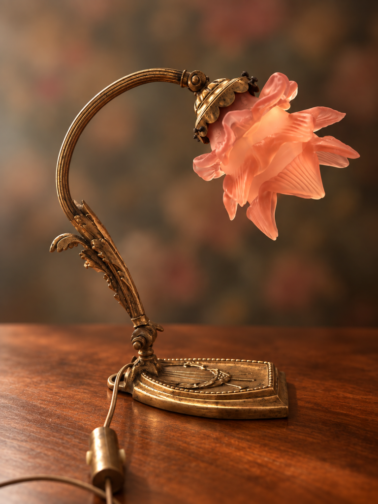 Lampe ancienne 1900 en bronze doré style Louis XVI et tulipe en pâte de verre - L'éloge de la douceur