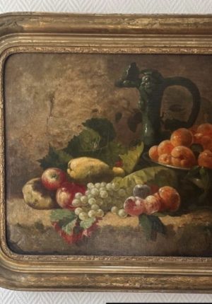 Grande nature morte aux fruits du XIXe siècle – huile sur toile et cadre doré à la feuille - en superbe état Prix de vente de 589 euros