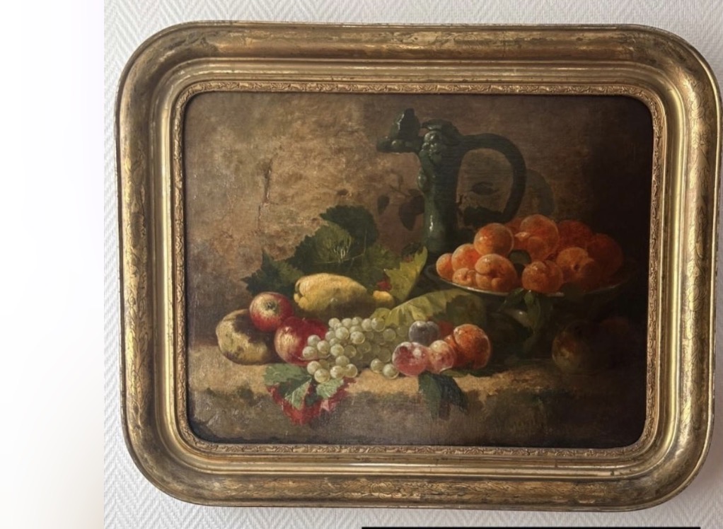 Grande nature morte aux fruits du XIXe siècle – huile sur toile et cadre doré à la feuille - en superbe état Prix de vente de 589 euros