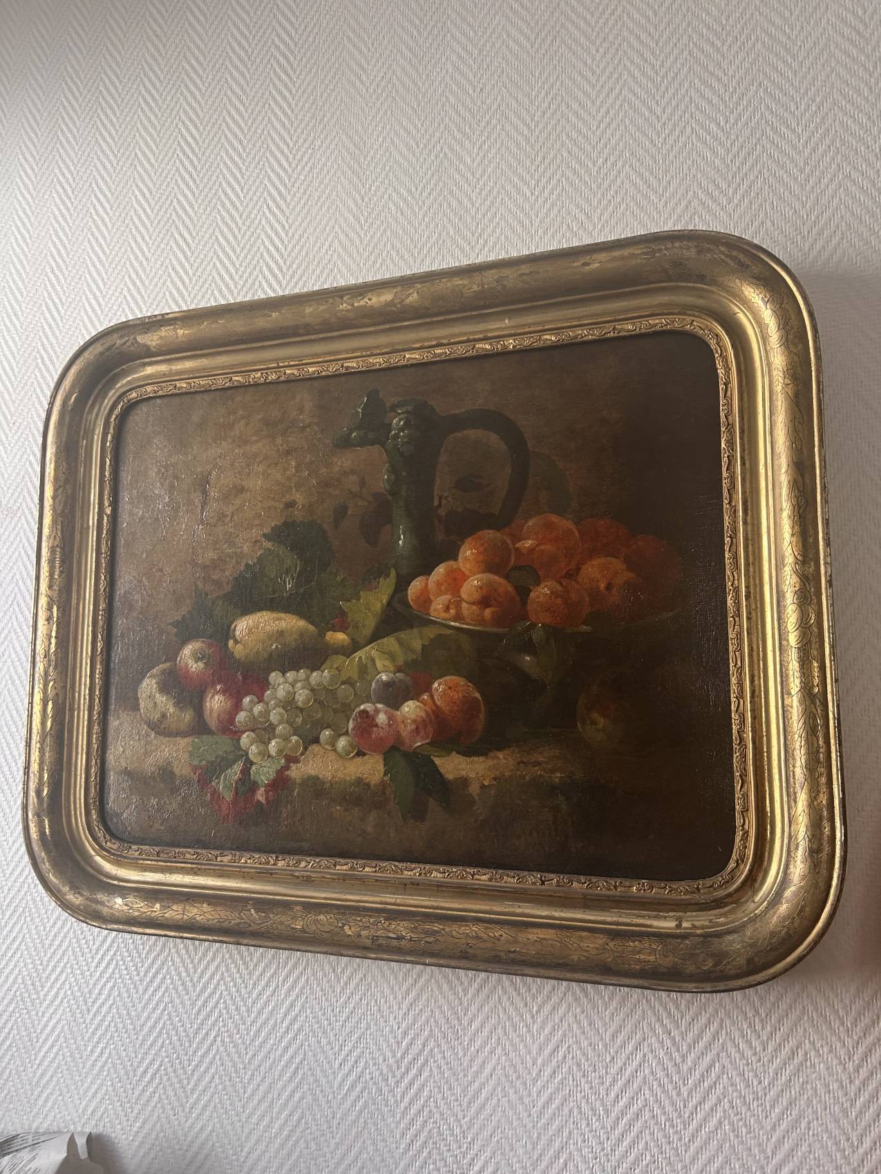 Grande nature morte aux fruits du XIXe siècle – huile sur toile et cadre doré à la feuille - en superbe état – Image 8