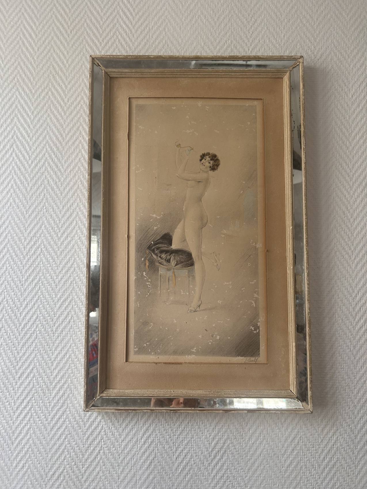 Gravure ancienne Art déco dans son cadre miroir – années 1930 pleine de charme – Image 7
