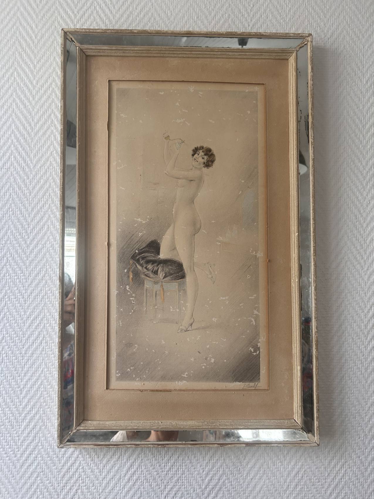 Gravure ancienne Art déco dans son cadre miroir – années 1930 pleine de charme – Image 5