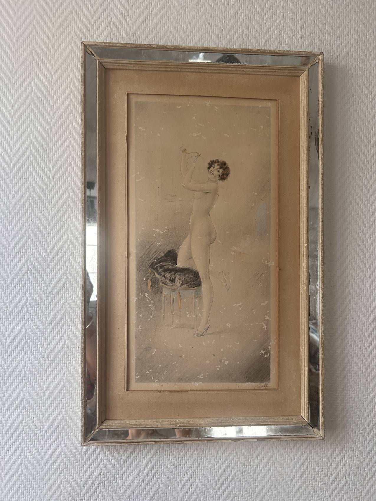 Gravure ancienne Art déco dans son cadre miroir – années 1930 pleine de charme