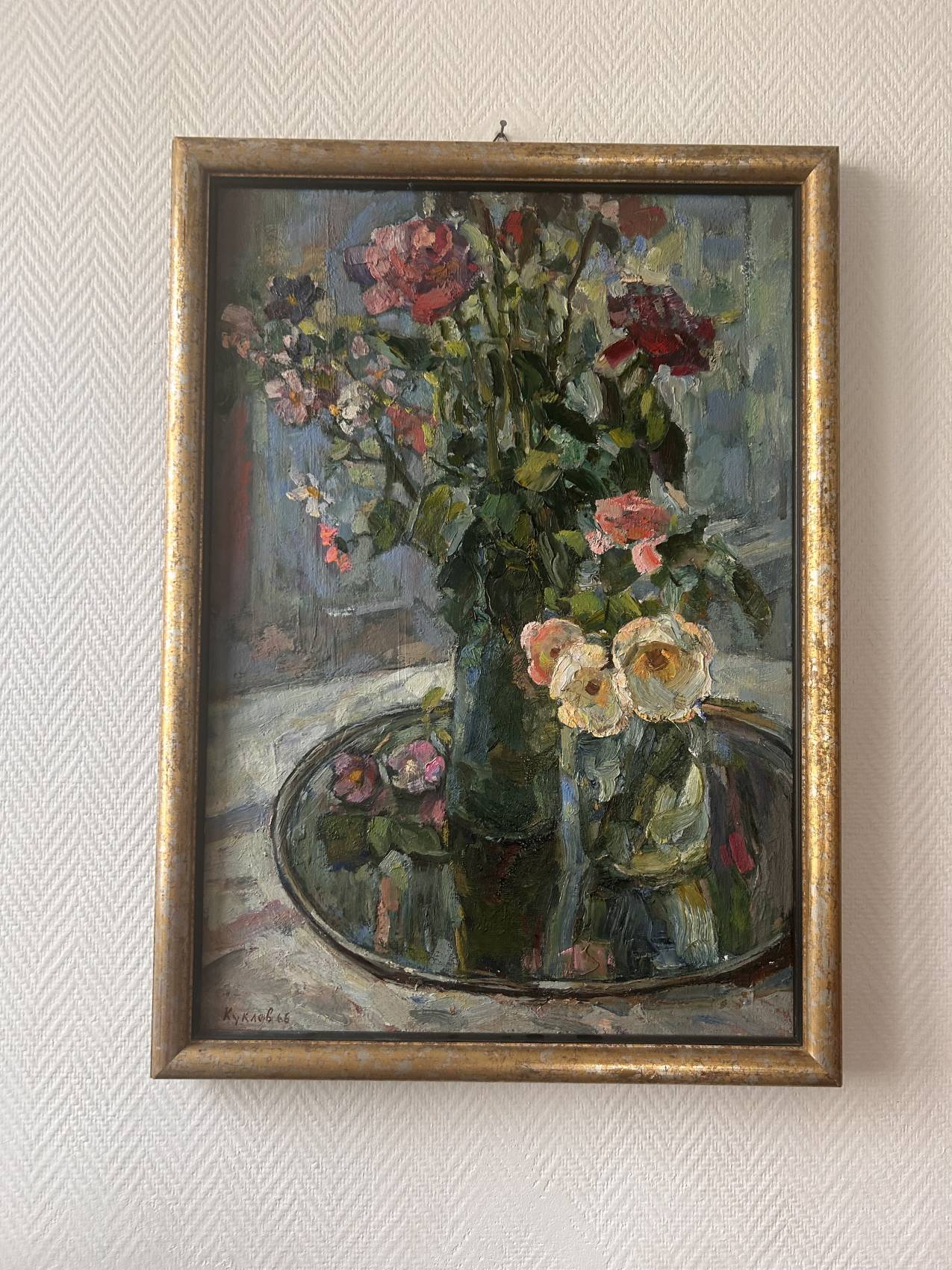 Grand tableau nature morte aux fleurs, école russe du milieu du XXe siècle.