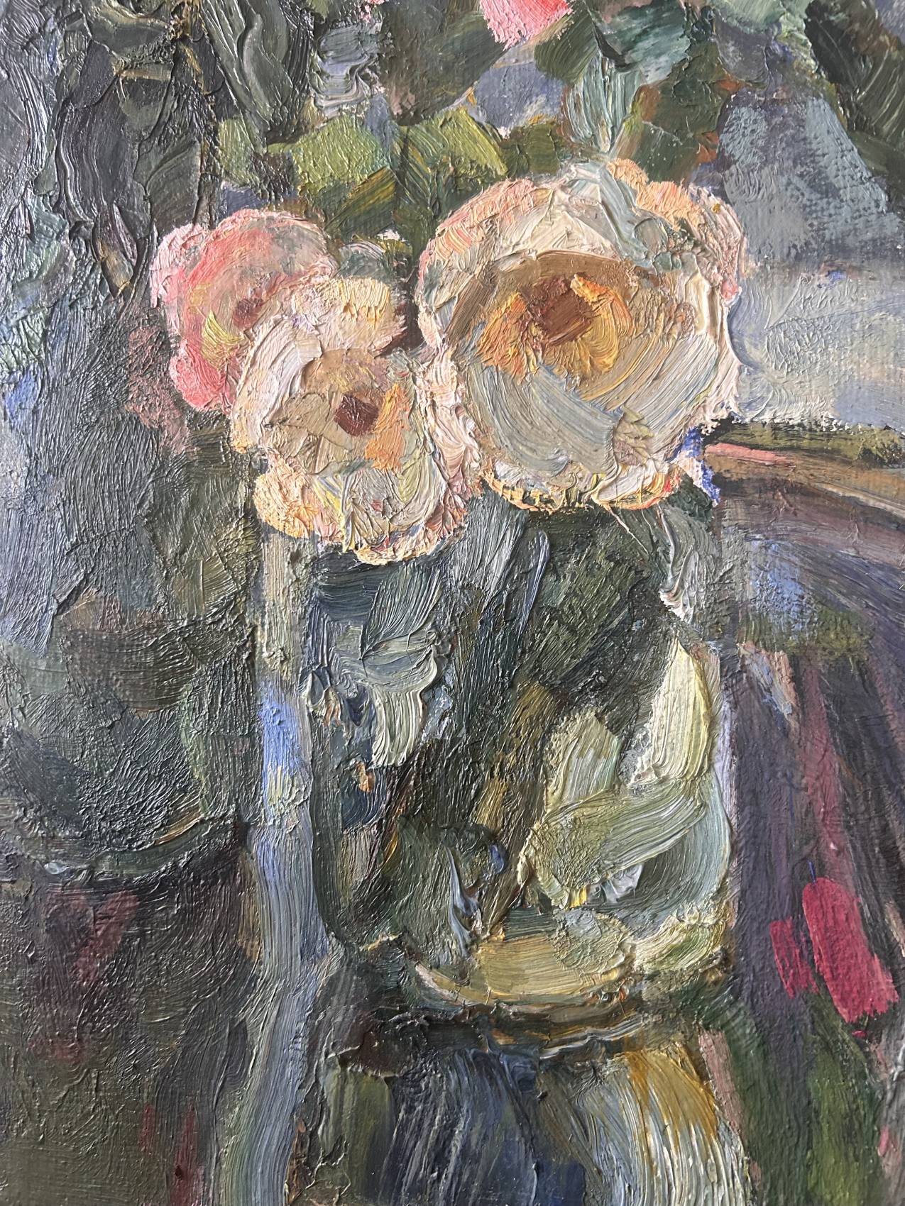 Grand tableau nature morte aux fleurs, école russe du milieu du XXe siècle.