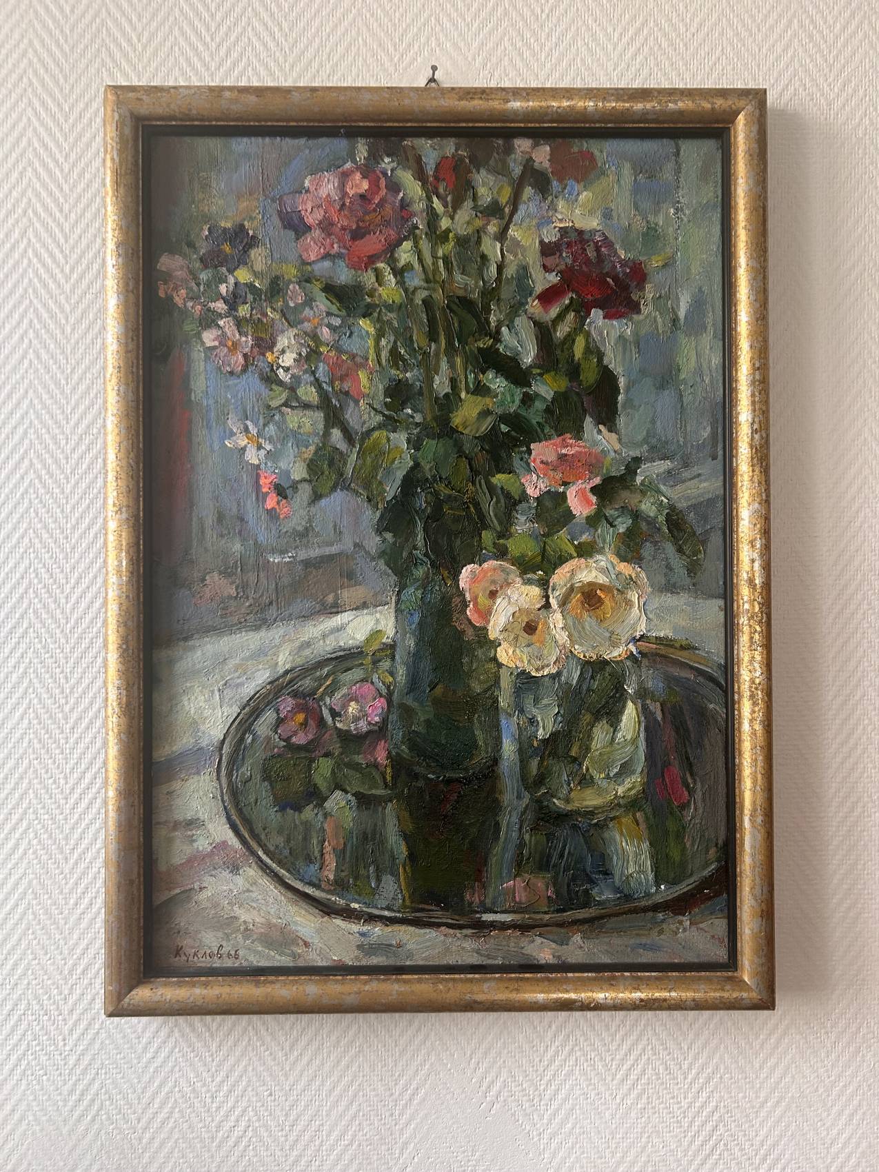 Grand tableau nature morte aux fleurs, école russe du milieu du XXe siècle.