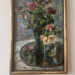Grand tableau nature morte aux fleurs, école russe du milieu du XXe siècle.