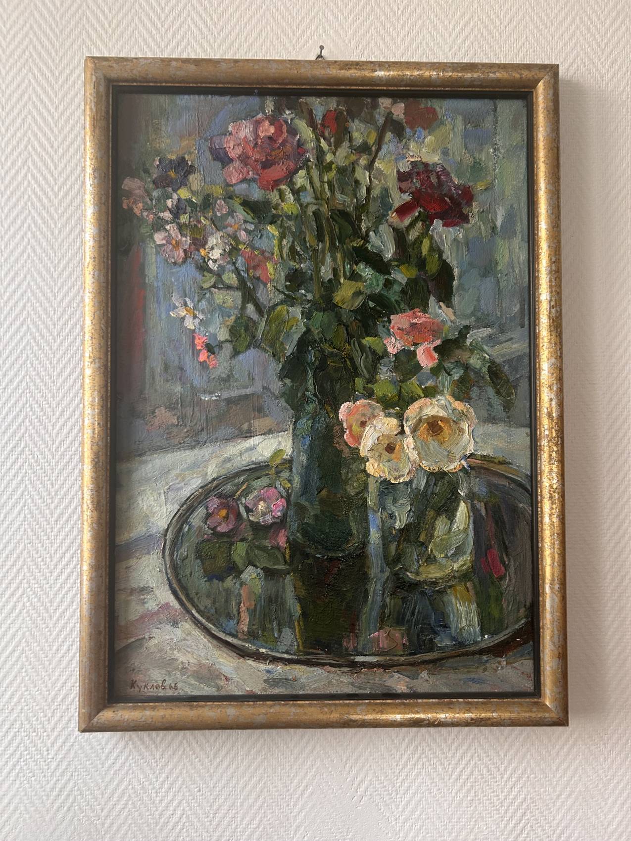 Grand tableau nature morte aux fleurs, école russe du milieu du XXe siècle.