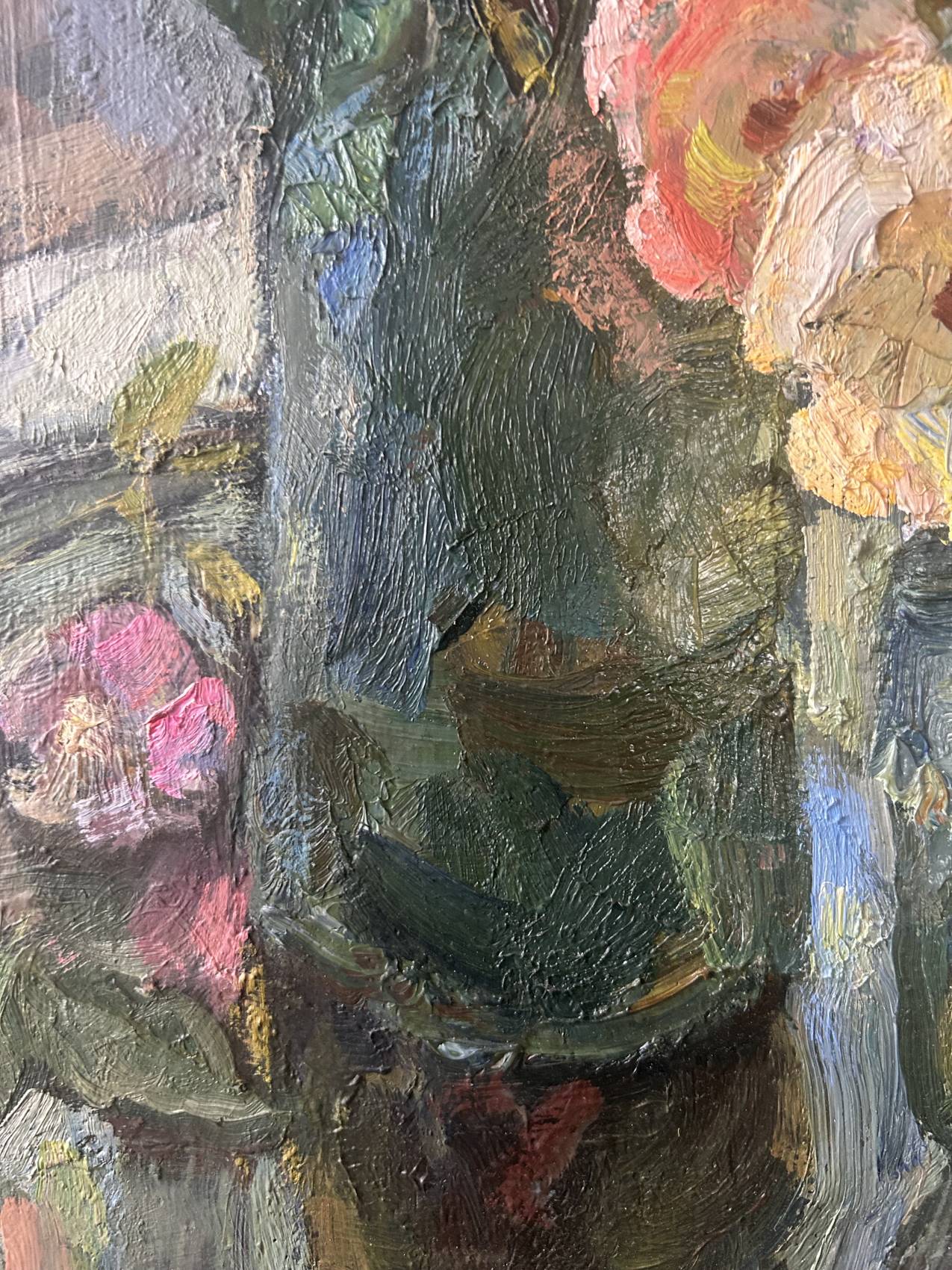 Grand tableau nature morte aux fleurs, école russe du milieu du XXe siècle.