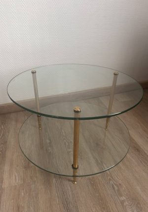 Petite Table basse vintage ronde en verre et métal doré – années 70 Elégante et chic