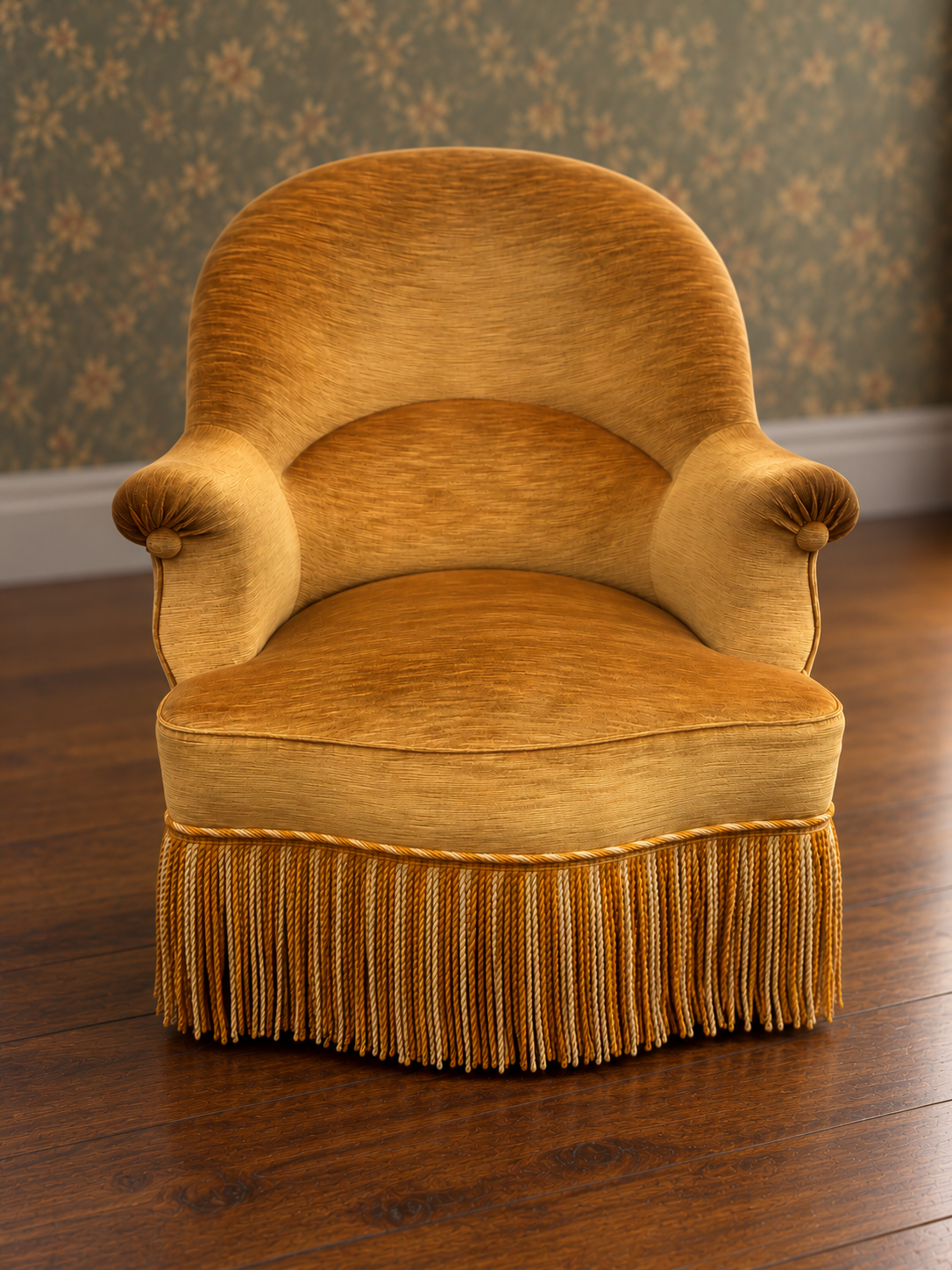 Fauteuil crapaud Napoléon III en velours jaune d’or