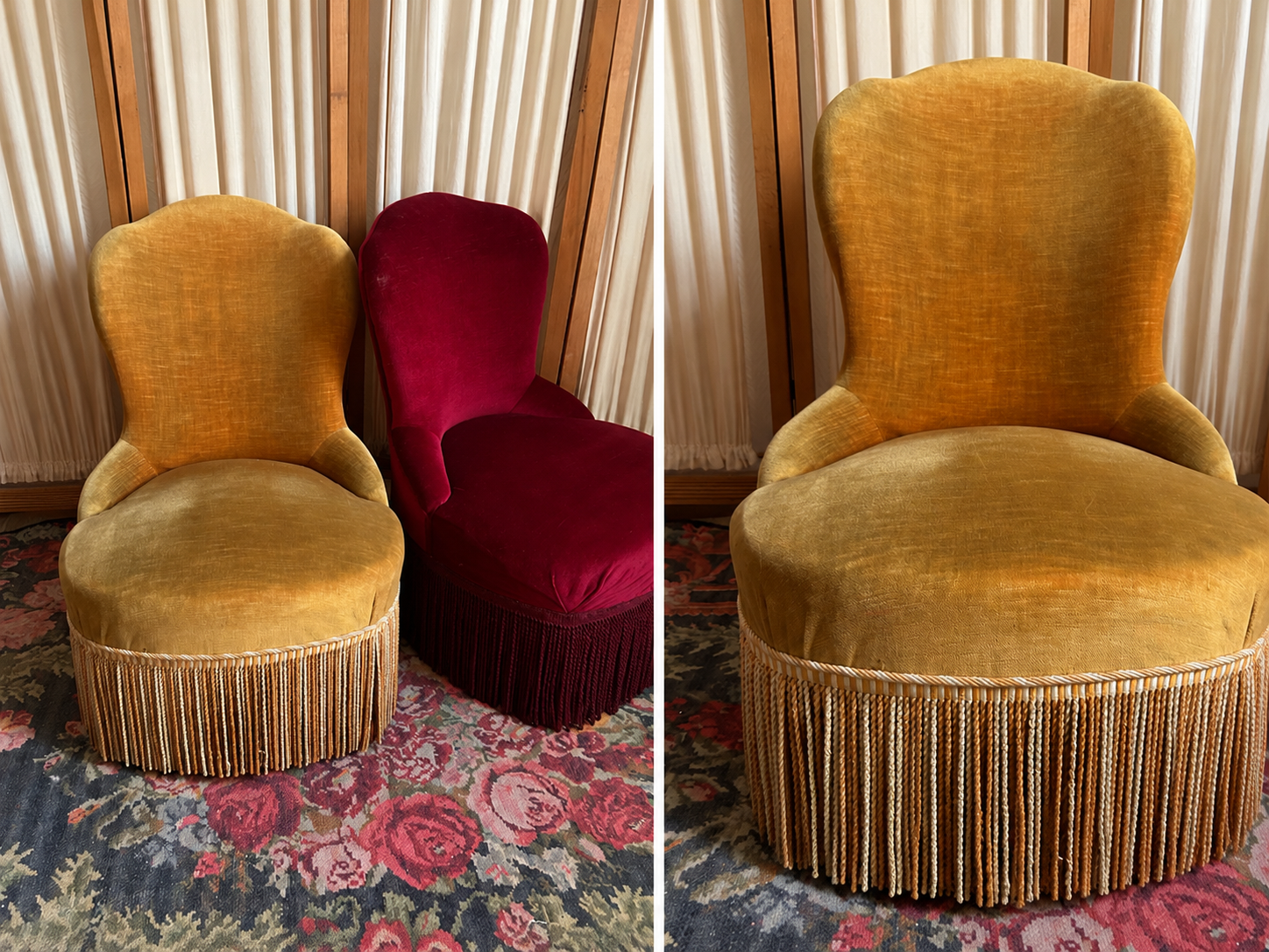 Petit fauteuil chauffeuse vintage en velours jaune d’or patiné et plein de charme